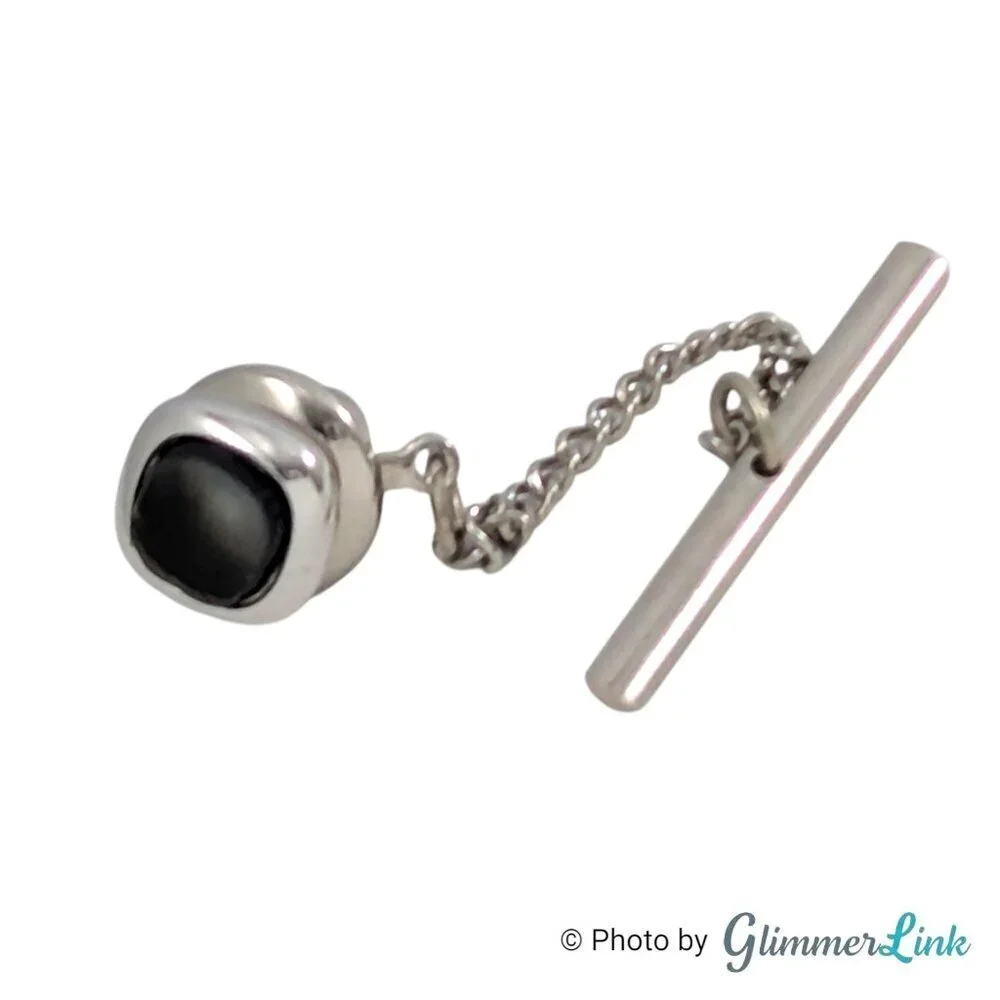 Vintage Swank Silver Tone Tie Tack with Shell Cabochon, Chain & T-Bar